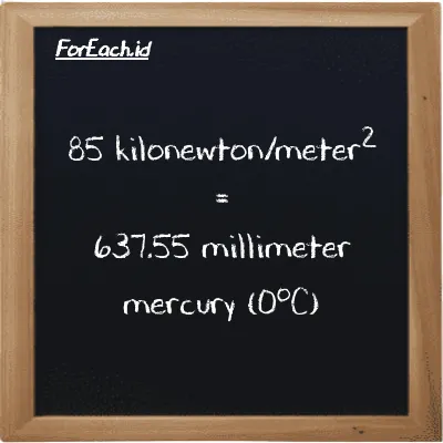 85 kilonewton/meter<sup>2</sup> is equivalent to 637.55 millimeter mercury (0<sup>o</sup>C) (85 kN/m<sup>2</sup> is equivalent to 637.55 mmHg)